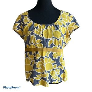 Boden Yellow Gray Floral short Sleeve Blouse Cotton/Silk Scoop Neck Size 16